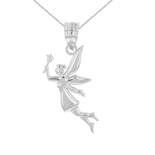 White Gold Angel Fairy Magic Wand Pendant Necklace