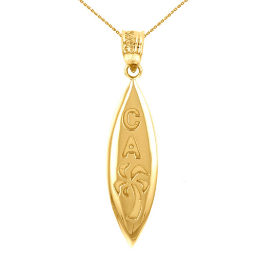 Yellow Gold California Palm Tree Surfboard  Pendant Necklace