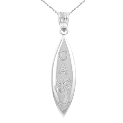 White Gold California Palm Tree Surfboard  Pendant Necklace