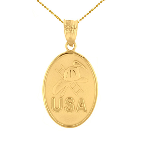 Yellow Gold USA Firefighter Oval Medallion Pendant Necklace
