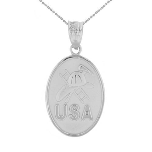 Sterling Silver USA Firefighter Oval Medallion Pendant Necklace