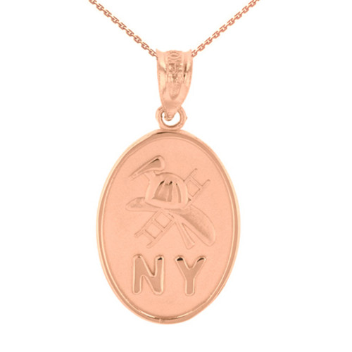 Rose Gold New York Firefighter Oval Medallion Pendant Necklace