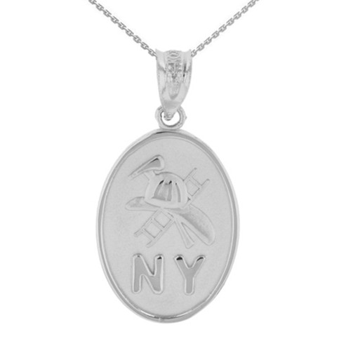White Gold New York Firefighter Oval Medallion Pendant Necklace