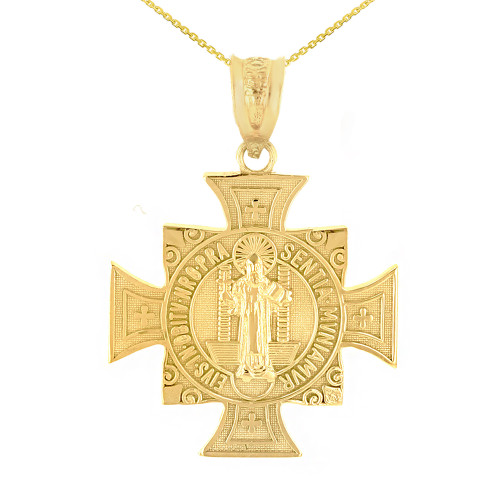 Yellow Gold Saint Benedict Cross Pendant Necklace (1.06")