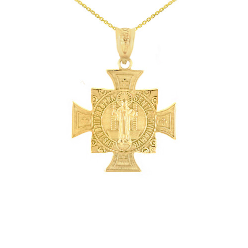 Yellow Gold Saint Benedict Cross Pendant Necklace (0.97")