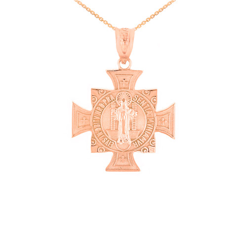 Rose Gold Saint Benedict Cross Pendant Necklace (0.97")