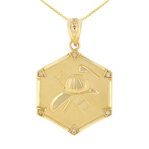 Yellow Gold  Firefighter Hexagon Diamond Pendant Necklace