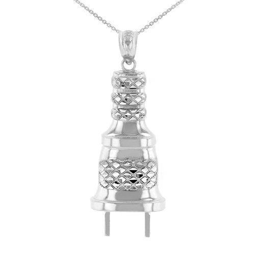 White Gold Electric Plug Diamond Cut Textured Pendant Necklace