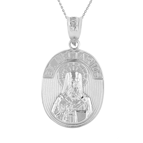 White Gold Saint Nectarios of Aegina Greek Orthodox Engravable Pendant Necklace