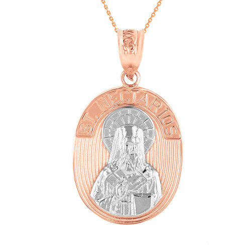 Two Tone Rose Gold Saint Nectarios of Aegina Greek Orthodox Engravable Pendant Necklace