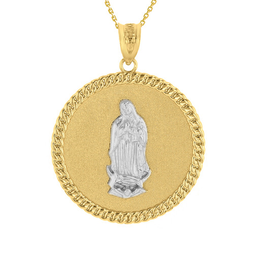 Two Tone Solid Yellow Gold Cuban Link Framed Virgen de Guadalupe Circle Medallion Pendant Necklace (1.18")