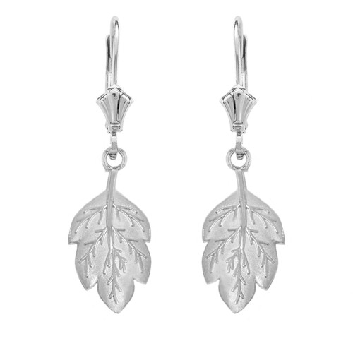 14K Solid White Gold Matte Detailed Textured Leaf Drop Earring Set