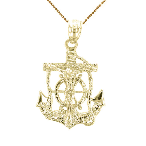 Yellow Gold Mariners Anchor Crucifix Pendant Necklace