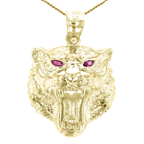 Yellow Gold Roaring Bengal Tiger With Red CZ Eyes Pendant Necklace