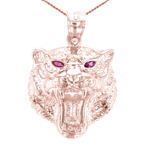 Rose Gold Roaring Bengal Tiger With Red CZ Eyes Pendant Necklace