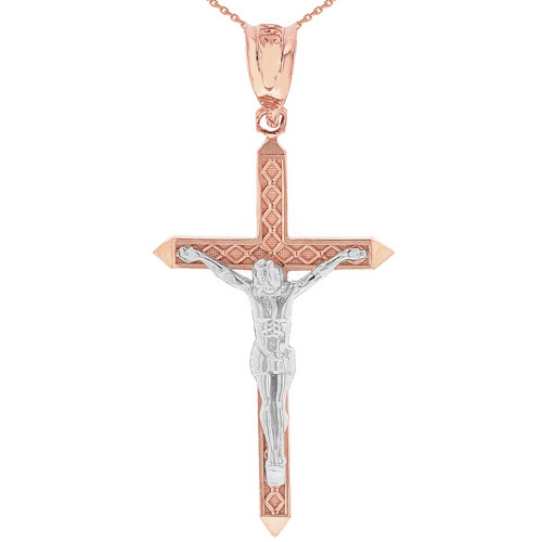 Two Tone Solid Rose Gold Passion Cross Crucifix Pendant Necklace 1.63"( 41 mm)