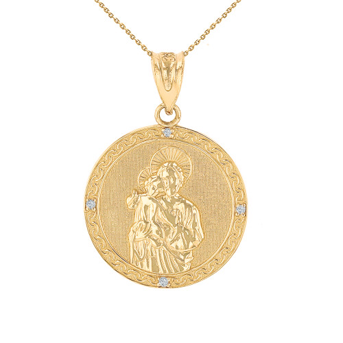 Solid Yellow Gold Saint Joseph Diamond Medallion Pendant Necklace  1.04" ( 26 mm)