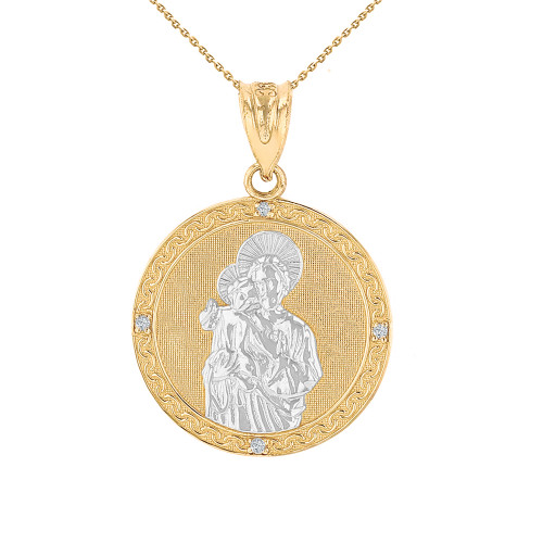 Two Tone Solid Yellow Gold Saint Joseph Diamond Medallion Pendant Necklace  1.04" ( 26 mm)