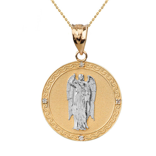 Two Tone Solid Yellow Gold Archangel Saint Gabriel Diamond Medallion Pendant Necklace   1.15" ( 29 mm)