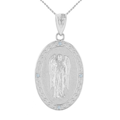 Solid White Gold Archangel Saint Gabriel Diamond Oval Medallion Pendant Necklace 1.19" (  30 mm)