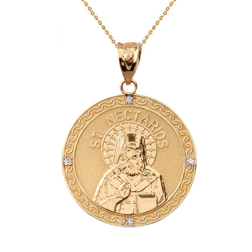 Solid Yellow Gold Greek Orthodox Saint Nectarios of Aegina Engravable Diamond Medallion Pendant Necklace  1.16 " (29 mm)