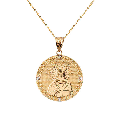 Solid Yellow Gold Greek Orthodox Saint Nectarios of Aegina Engravable Diamond Medallion Pendant Necklace  1.01" (25 mm)