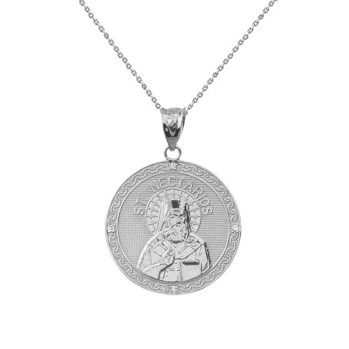 Sterling Silver Greek Orthodox Saint Nectarios of Aegina Engravable CZ Medallion Pendant Necklace  1.01" (25 mm)