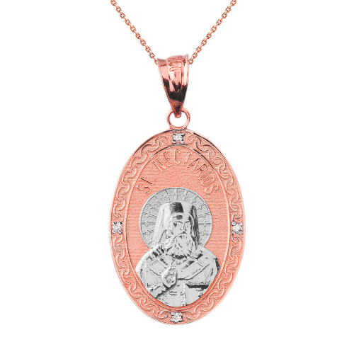 Two Tone Solid Rose Gold Greek Orthodox Saint Nectarios of Aegina Engravable Diamond Medallion Oval Pendant Necklace  1.18" (29 mm)