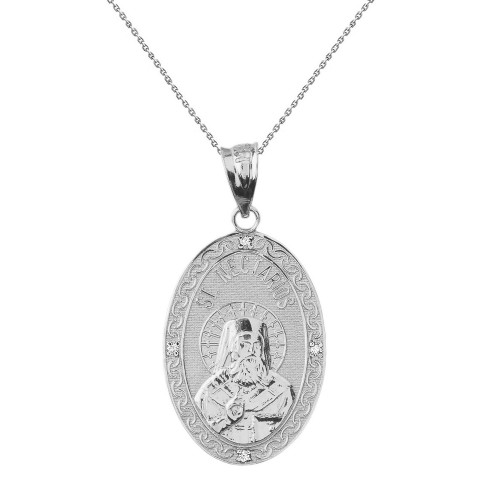 Solid White Gold Greek Orthodox Saint Nectarios of Aegina Engravable Diamond Medallion Oval Pendant Necklace  1.00" (25 mm)