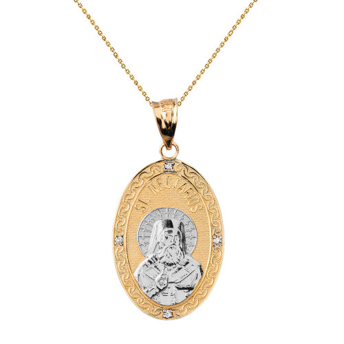 Two Tone Solid Yellow Gold Greek Orthodox Saint Nectarios of Aegina Engravable Diamond Medallion Oval Pendant Necklace  1.00" (25 mm)