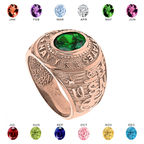 Solid Rose Gold United States Navy Men's CZ Birthstone Ring