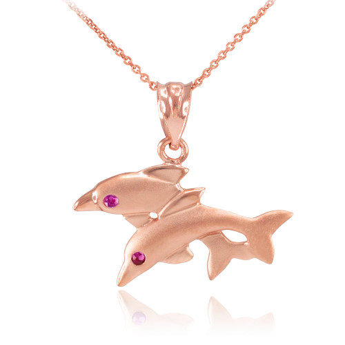 Rose Gold Red CZ Jumping Double Dolphin Pendant Necklace