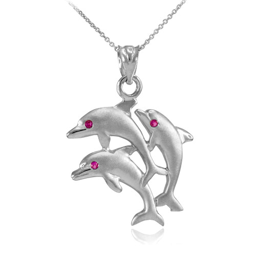 925 Sterling Silver Red CZ Jumping Triple Dolphin Pendant Necklace