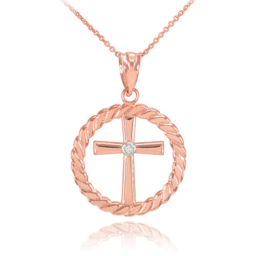 Rose Gold Cross with Diamond Circle Rope Pendant Necklace