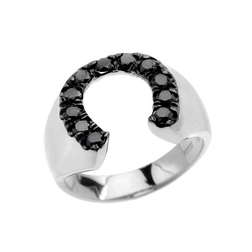 Sterling Silver Black Cubic Zirconia Horseshoe Lucky Men's Ring