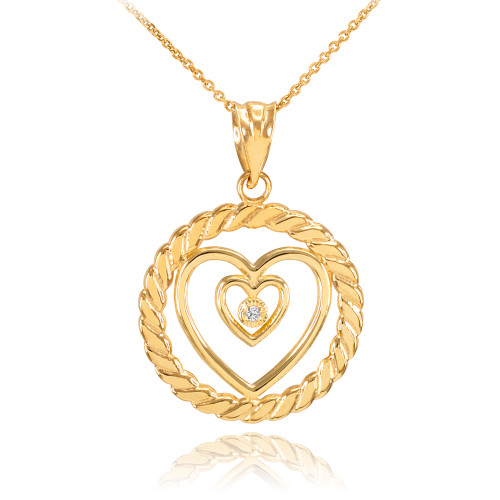 Gold Roped Circle Double Heart with Diamond Pendant Necklace
