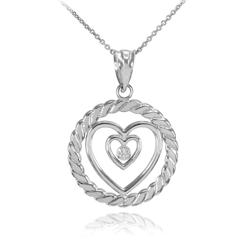 Sterling Silver Roped Circle Double Heart with CZ Pendant Necklace