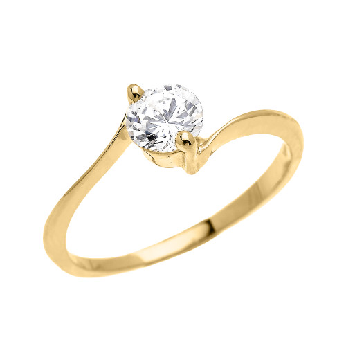 Yellow Gold Modern Solitaire CZ Dainty Engagement Proposal Ring