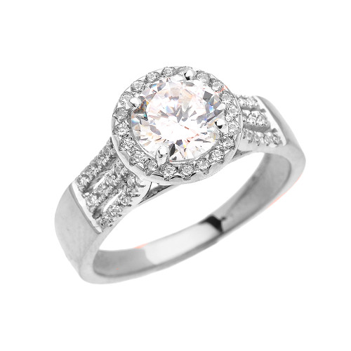 Elegant White Gold Micro Pave 3 Carat Round Halo Solitaire CZ Engagement Ring