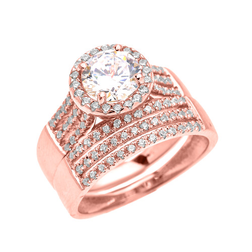 Elegant Rose Gold Micro Pave 3 Carat Round Halo Solitaire CZ Engagement Wedding Ring Set