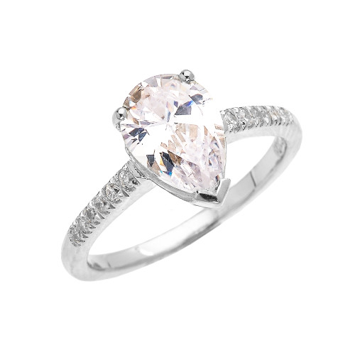 White Gold Dainty Pear Shape Cubic Zirconia Solitaire Proposal Ring