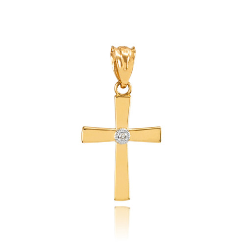 Polished Yellow Gold Diamond Cross Charm Pendant Necklace