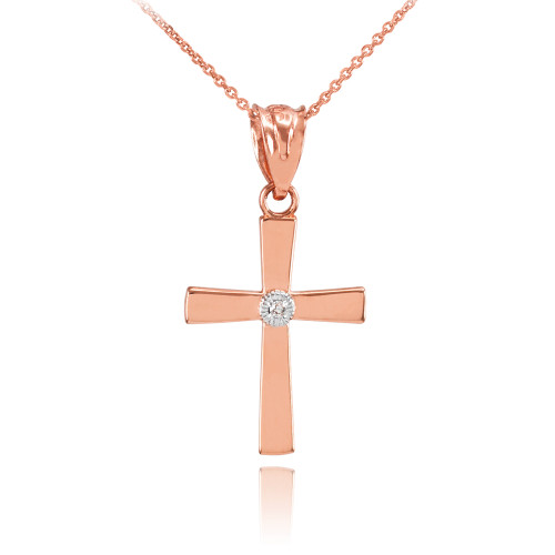 Polished Rose Gold Diamond Cross Charm Pendant Necklace