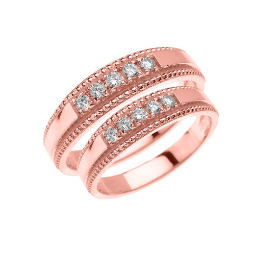 Rose Gold Elegant His and Hers Diamond Matching Wedding Bands