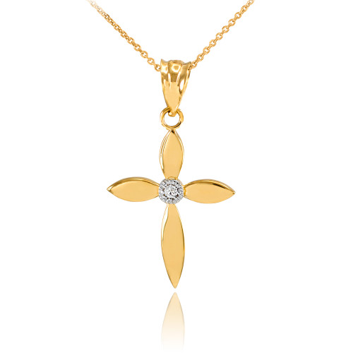 Dainty Yellow Gold Solitaire Diamond Cross Charm Pendant Necklace