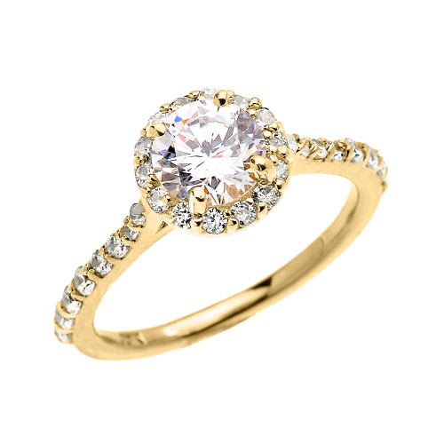 Yellow Gold Dainty 1.5 Carat Round CZ Halo Solitaire Ring