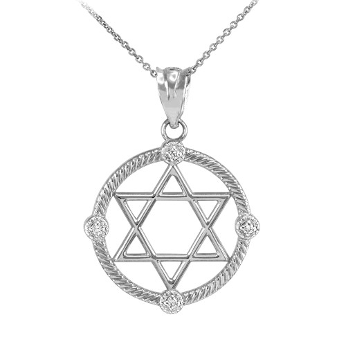 White Gold Roped Circle Star of David with Diamond Pendant Necklace
