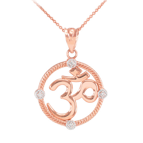 Rose Gold Roped Circle Diamond Hindu Meditation Charm Yoga "Om" (Aum) Pendant Necklace