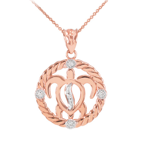 Rose Gold Roped Circle Diamond-Accented Hawaiian Honu Turtle Pendant Necklace