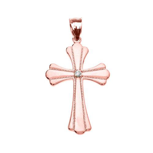 Rose Gold Solitaire Diamond High Polish Milgrain Cross Pendant Necklace